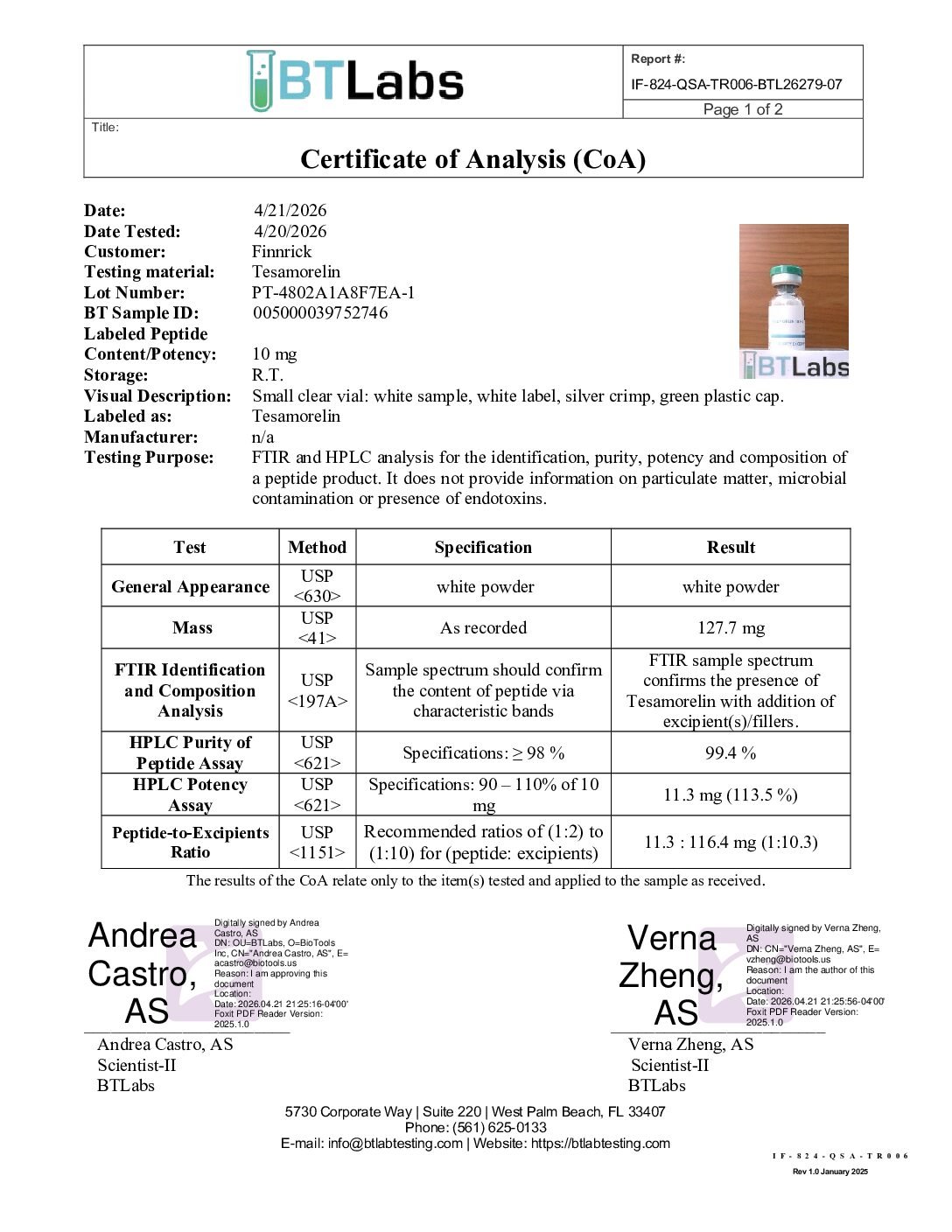 Tesamorelin COA preview