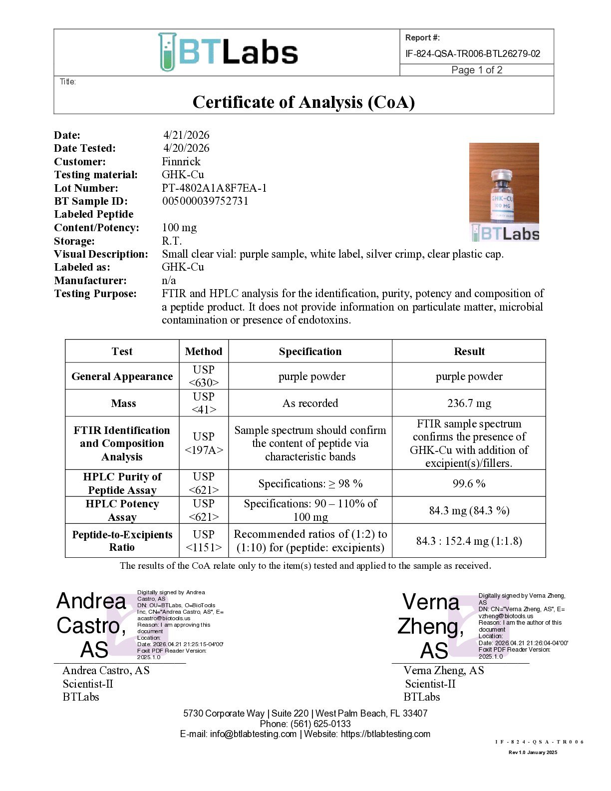 Trifecta GHK-Cu Certificate of Analysis