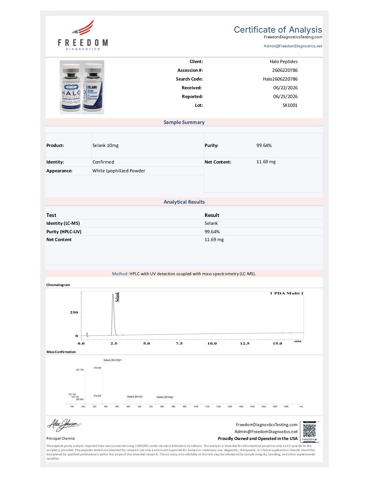 Neuro Duo Selank 10mg Certificate of Analysis