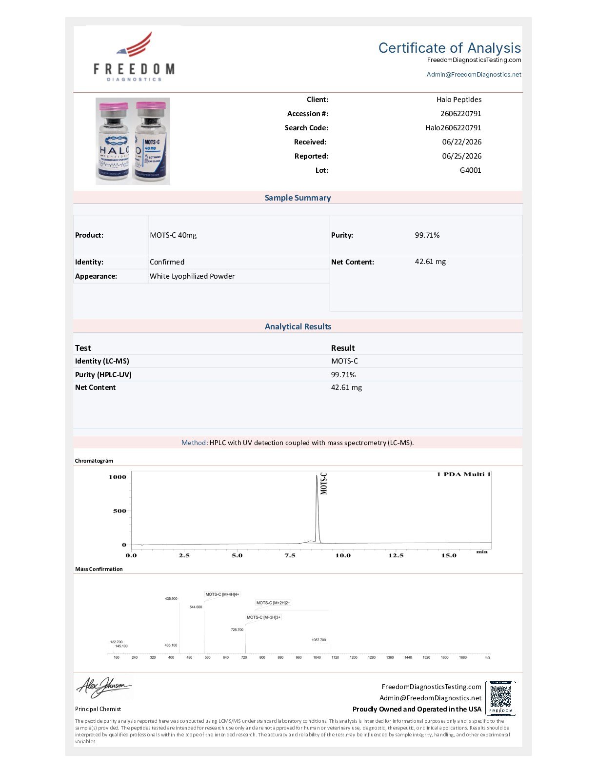 Mots-c MOTS-C 40mg Certificate of Analysis