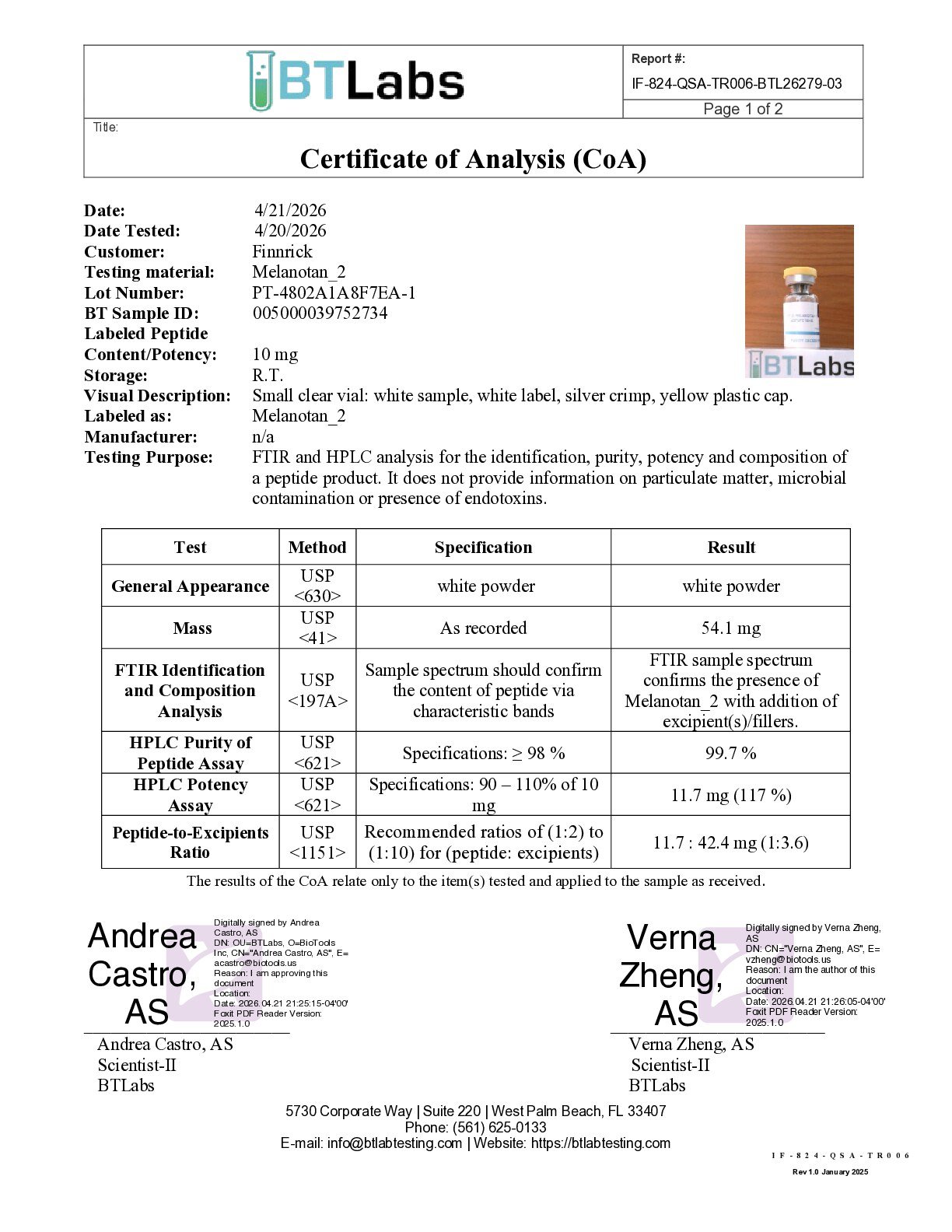 Trifecta MT-2 Certificate of Analysis