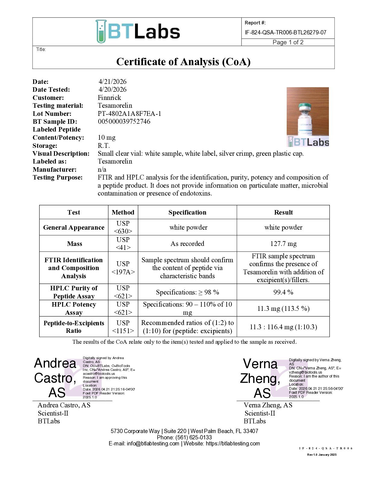 Shred+ Tesamorelin 10mg Certificate of Analysis